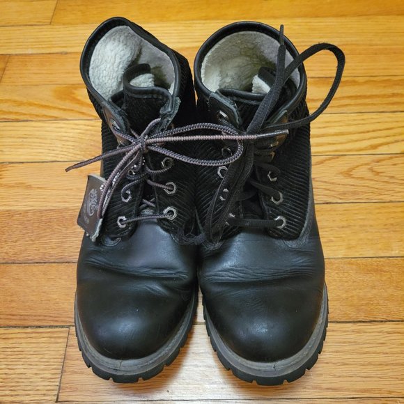 Timberland 8M Black‎ Leather Lace Up Ankle Boots Waterproof Foldover Corduroy - Picture 3 of 11